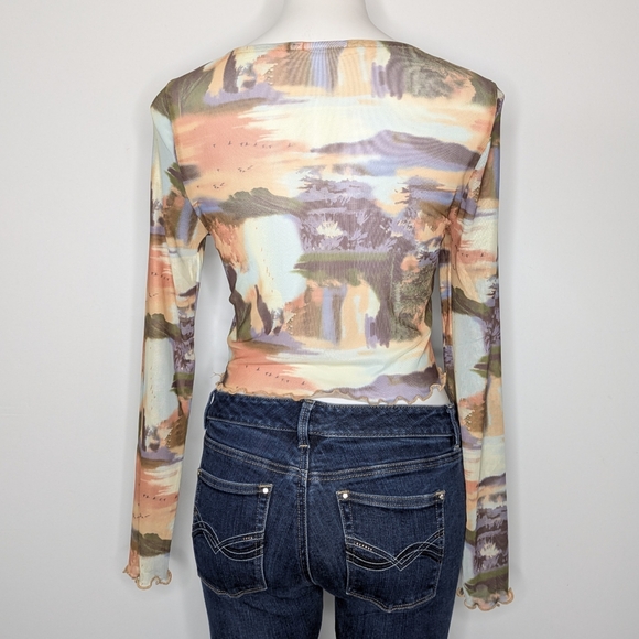 Green Orange Mesh Abstract Nature Long Sleeve Crop Top M - Picture 5 of 7